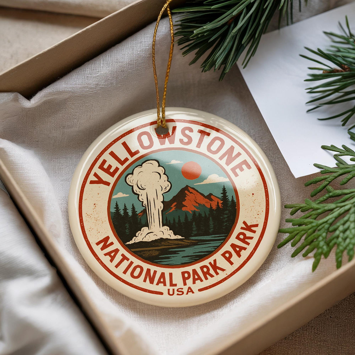 Yellowstone National Park Ornament – Circular Stamp Style Ceramic Keepsake – Rustic Nature Gift – Travel Souvenir Decor — photo 2