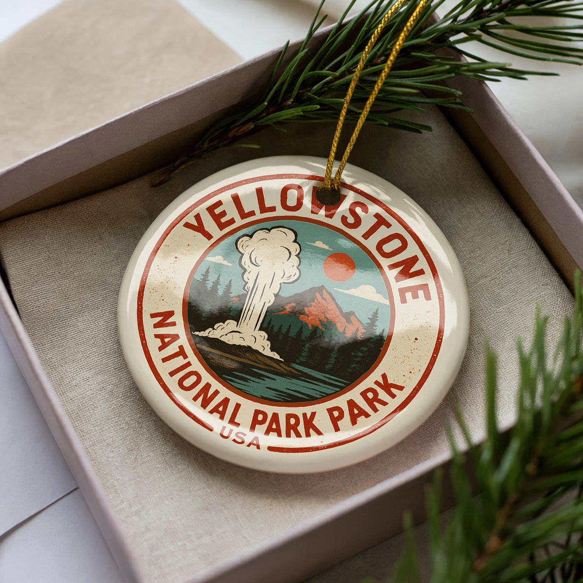 Yellowstone National Park Ornament – Circular Stamp Style Ceramic Keepsake – Rustic Nature Gift – Travel Souvenir Decor — photo 4