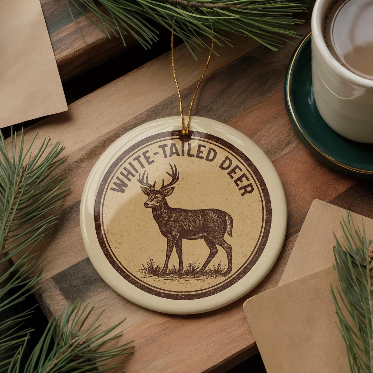 White-Tailed Deer Ceramic Ornament – Rustic Wildlife Circular Stamp Art – Woodland Animal Christmas Tree Decoration — photo 2