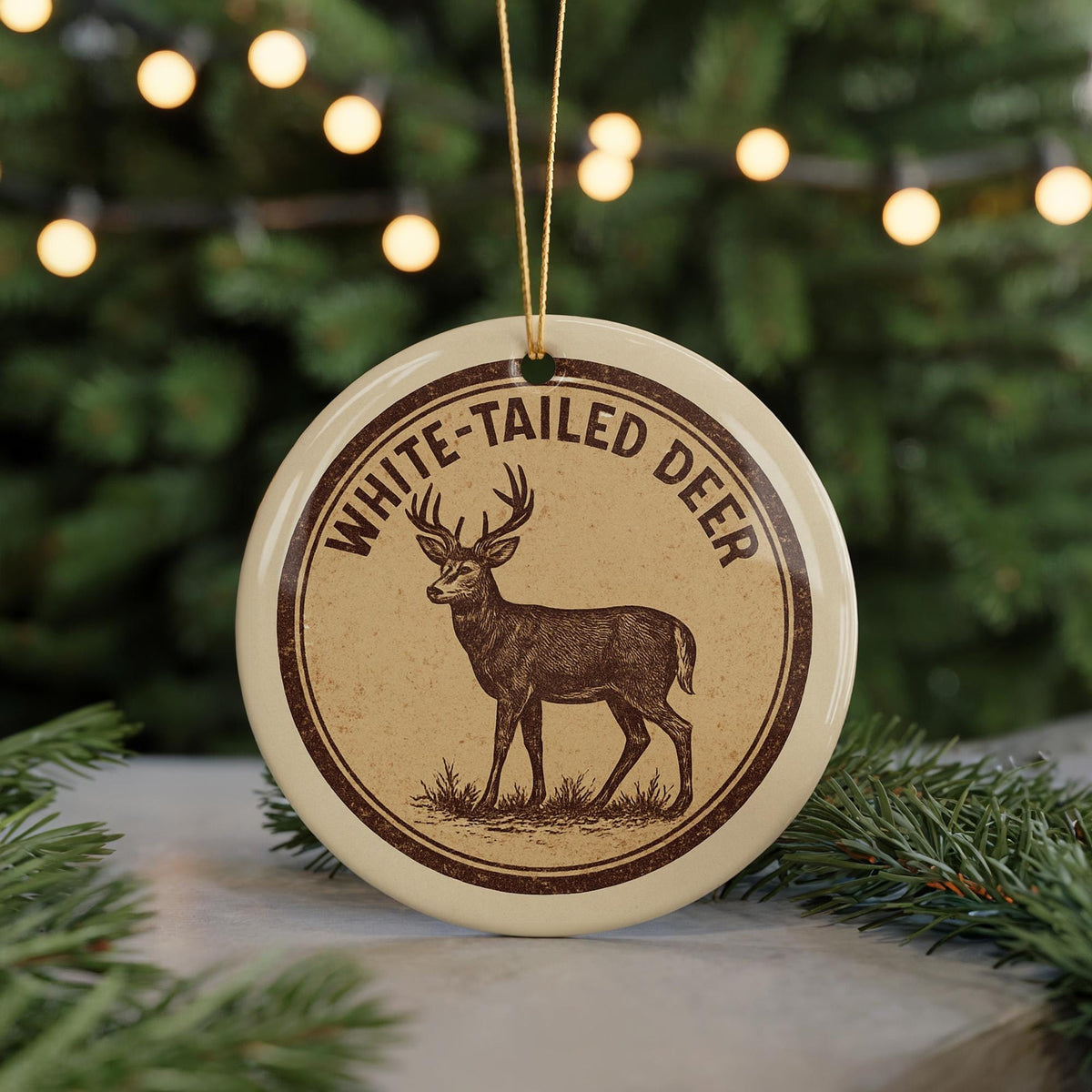 White-Tailed Deer Ceramic Ornament – Rustic Wildlife Circular Stamp Art – Woodland Animal Christmas Tree Decoration — photo 3