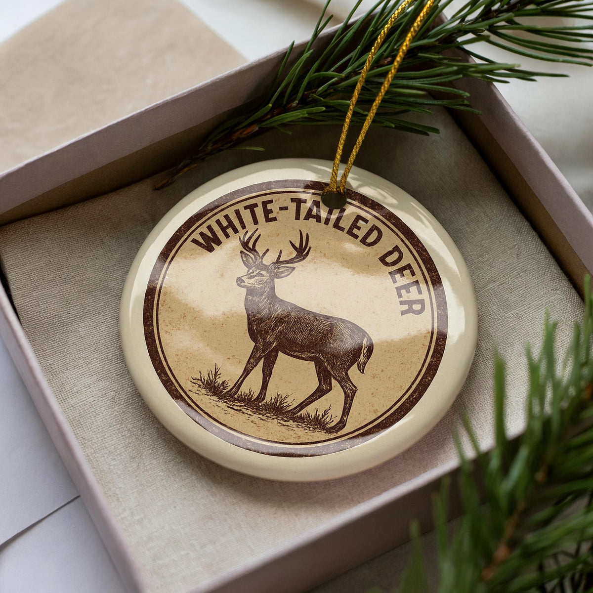 White-Tailed Deer Ceramic Ornament – Rustic Wildlife Circular Stamp Art – Woodland Animal Christmas Tree Decoration — photo 4