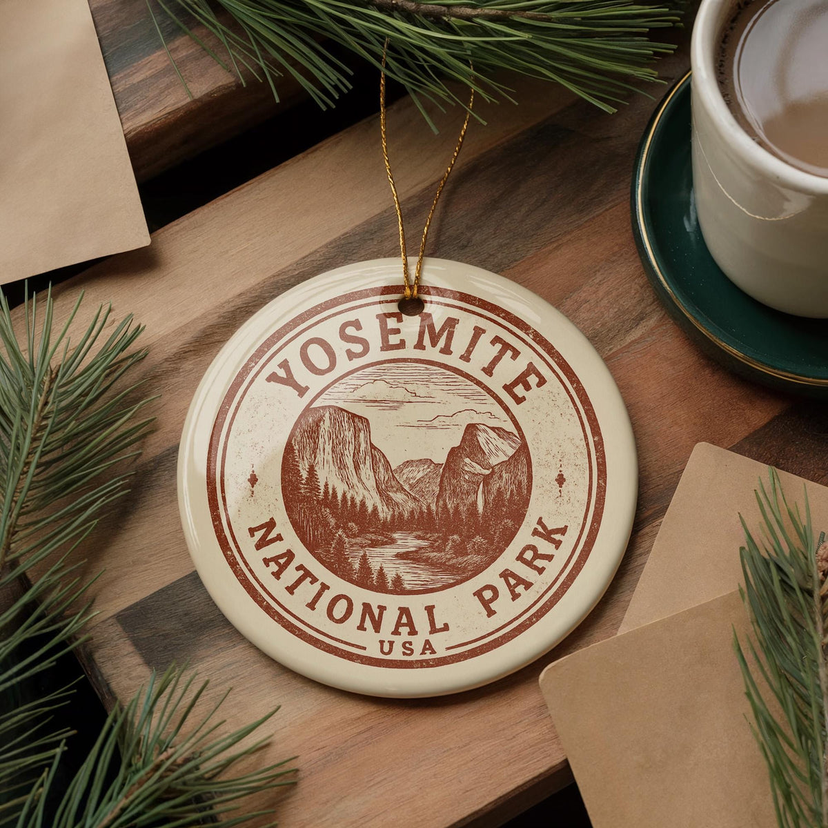 Yosemite National Park Ceramic Ornament – Circular Stamp Style Art, Nature Lover Gift, Rustic Travel Keepsake Decor — photo 1