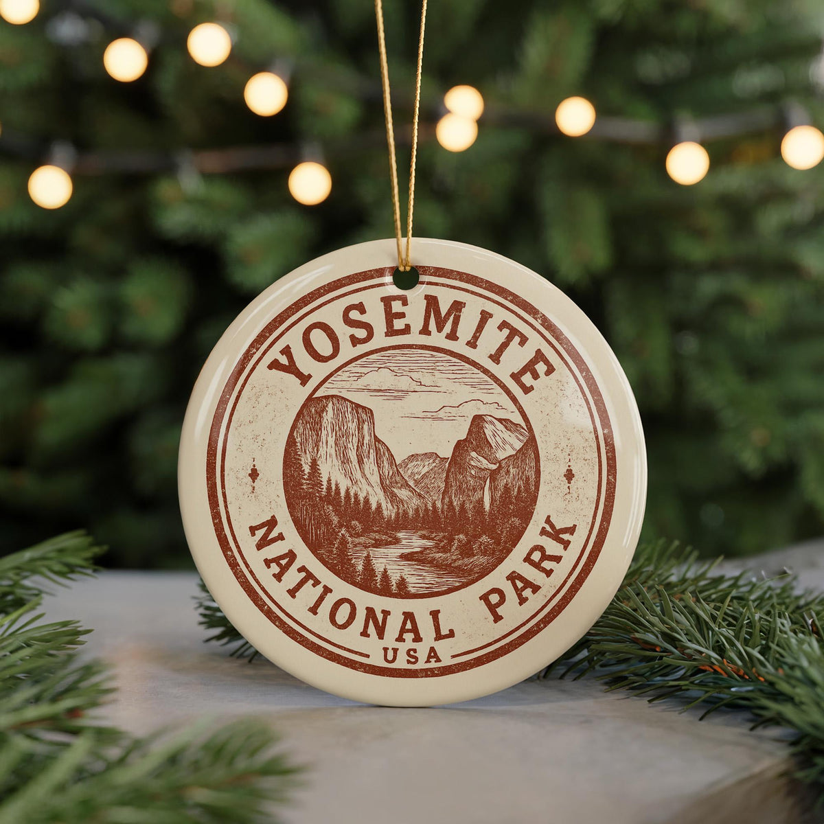 Yosemite National Park Ceramic Ornament – Circular Stamp Style Art, Nature Lover Gift, Rustic Travel Keepsake Decor — photo 2