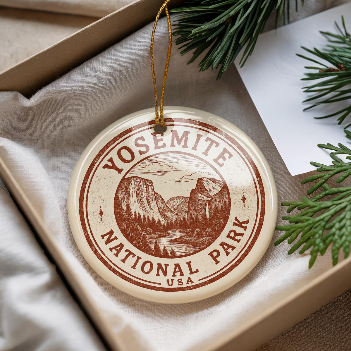 Yosemite National Park Ceramic Ornament – Circular Stamp Style Art, Nature Lover Gift, Rustic Travel Keepsake Decor — photo 3