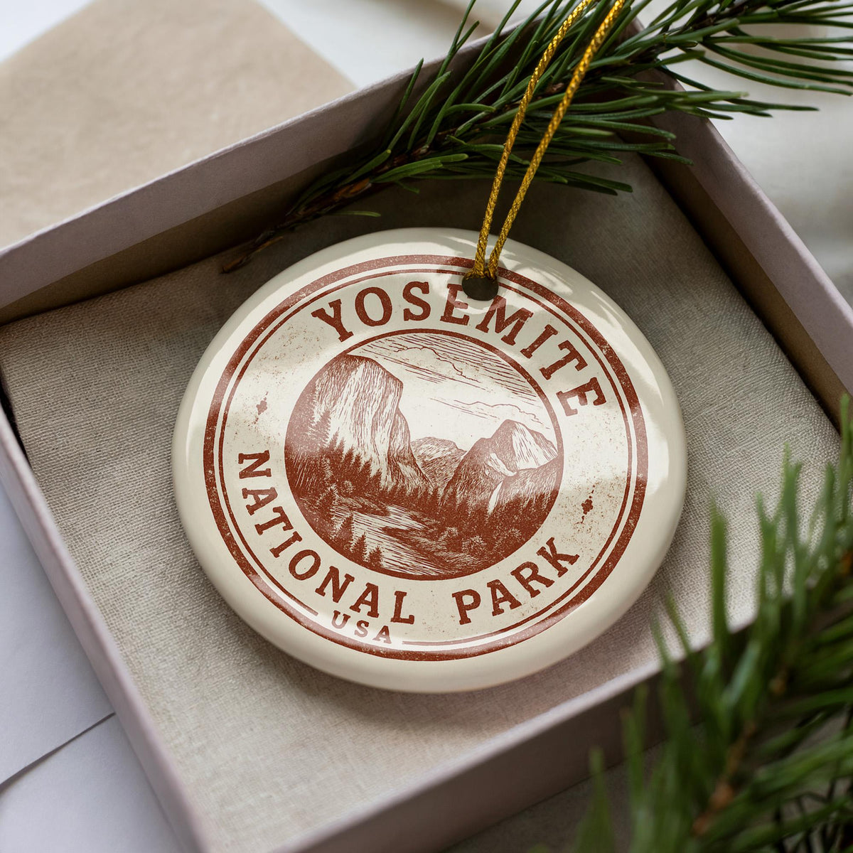 Yosemite National Park Ceramic Ornament – Circular Stamp Style Art, Nature Lover Gift, Rustic Travel Keepsake Decor — photo 4