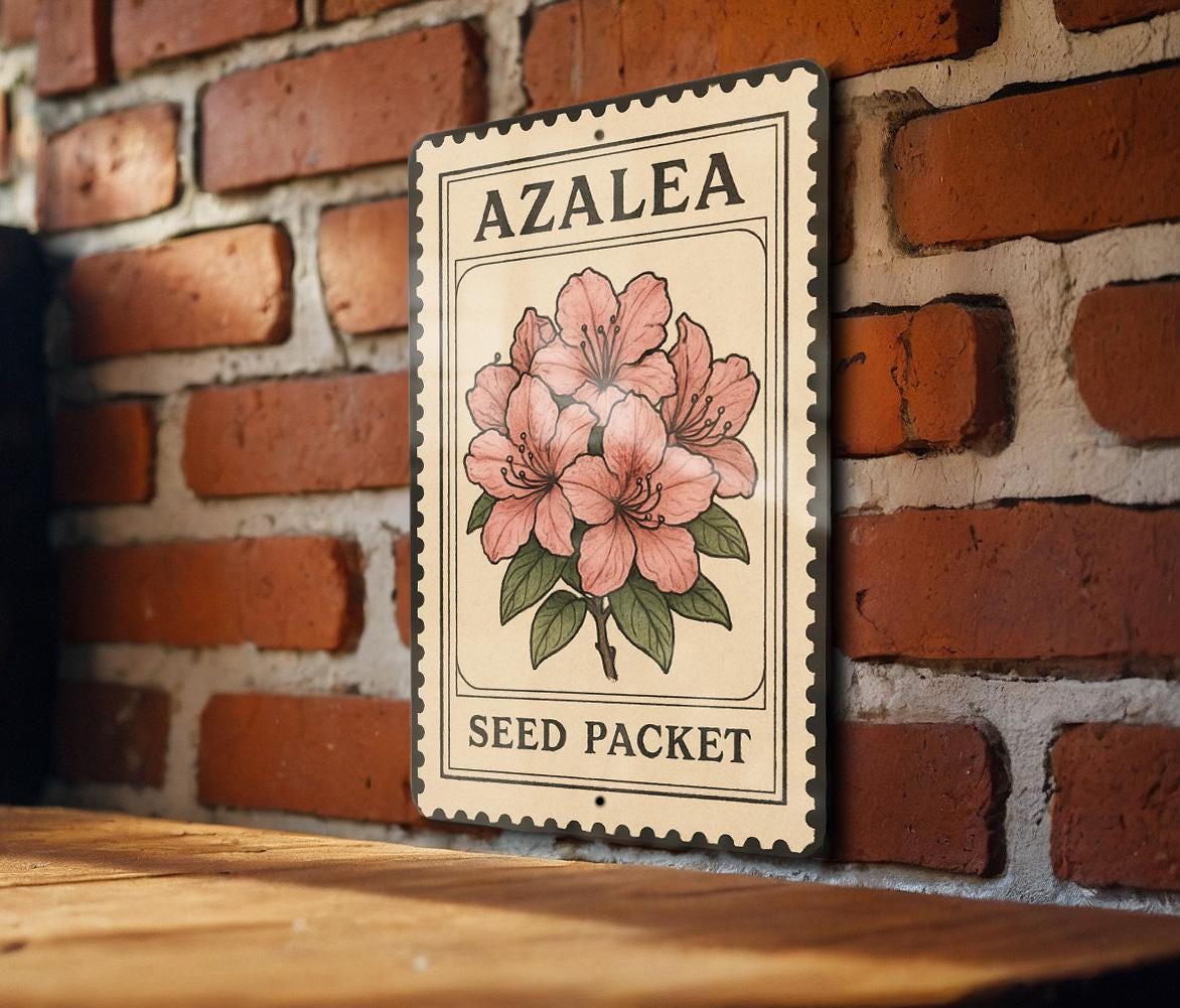 Azalea Flower Cluster Metal Sign – Vintage Stamp Style Wall Art with Seed Packet Border for Garden or Home Decor — photo 4