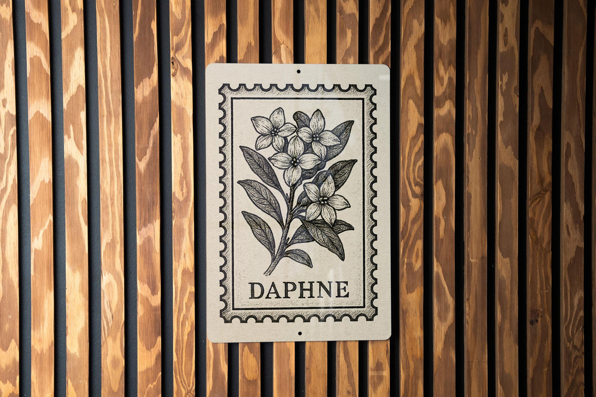 Daphne Blossoms Ink Etching Metal Sign – Vintage Stamp Style Botanical Wall Art for Home or Garden Decor — photo 1
