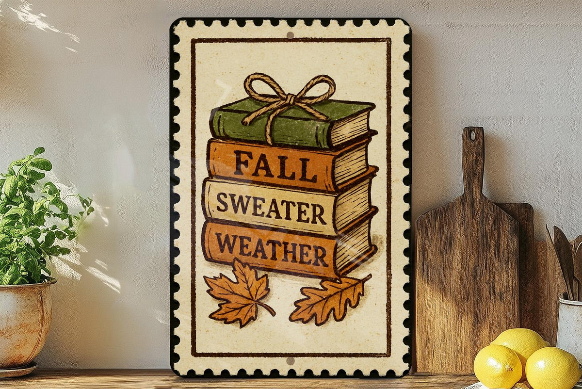 Faux Book Stack Fall Metal Sign – Rustic Autumn Decor, Stamp Style Shelf Sitter, Farmhouse Tiered Tray Accent — photo 1