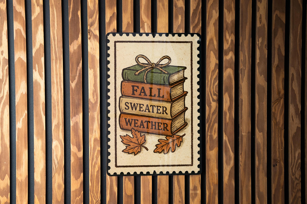 Faux Book Stack Fall Metal Sign – Rustic Autumn Decor, Stamp Style Shelf Sitter, Farmhouse Tiered Tray Accent — photo 3