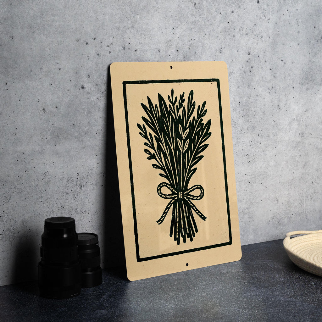 Herb Bundle Metal Sign – Rustic Kitchen Wall Decor, Vintage Farmhouse Style, Botanical Stamp Art, Twine Herb Illustration — photo 1