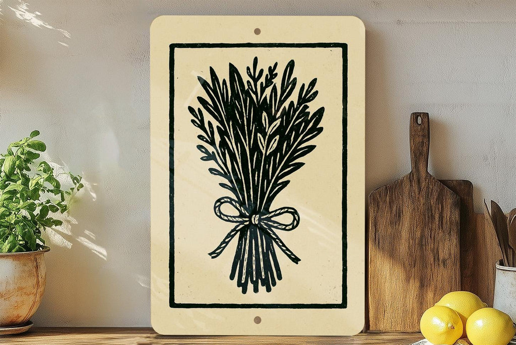 Herb Bundle Metal Sign – Rustic Kitchen Wall Decor, Vintage Farmhouse Style, Botanical Stamp Art, Twine Herb Illustration — photo 4
