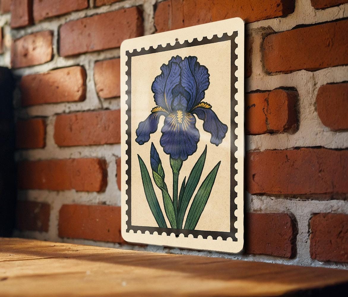 Bearded Iris Flower Metal Sign – Vintage Botanical Garden Wall Art, Rustic Floral Home Decor, Stamp Style Artwork — photo 3