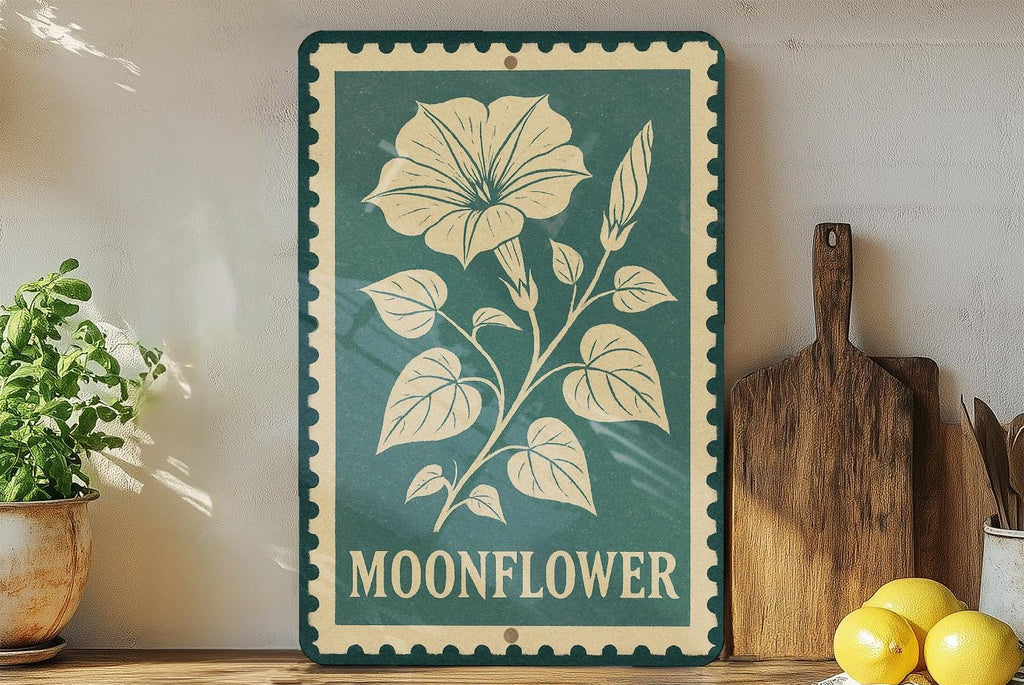Moonflower Vine Metal Sign – Vintage Stamp Style Wall Art, Botanical Garden Decor, Outdoor Rustic Flower Plaque — photo 1