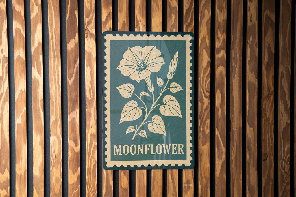 Moonflower Vine Metal Sign – Vintage Stamp Style Wall Art, Botanical Garden Decor, Outdoor Rustic Flower Plaque — photo 3