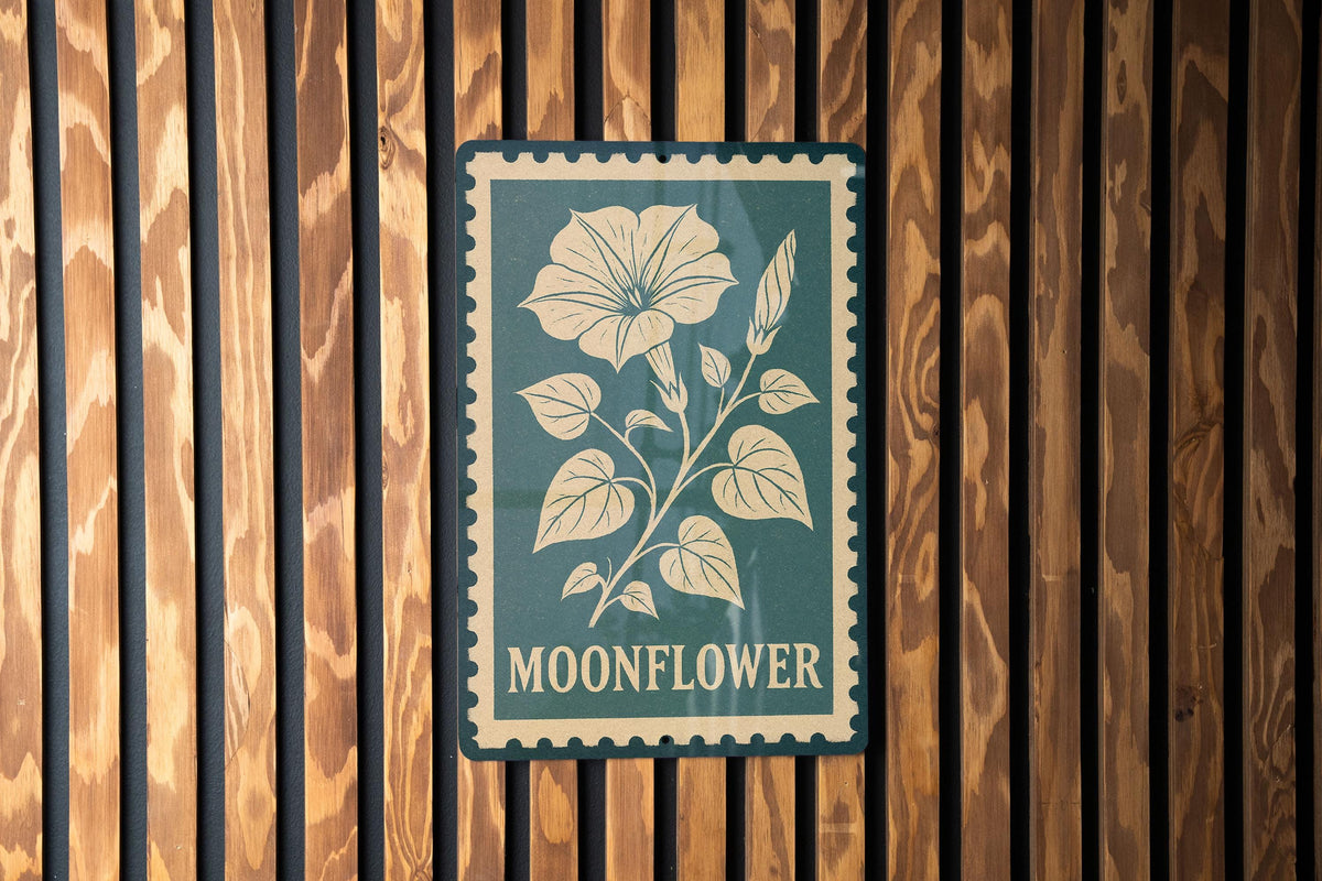 Moonflower Vine Metal Sign – Vintage Stamp Style Wall Art, Botanical Garden Decor, Outdoor Rustic Flower Plaque — photo 3