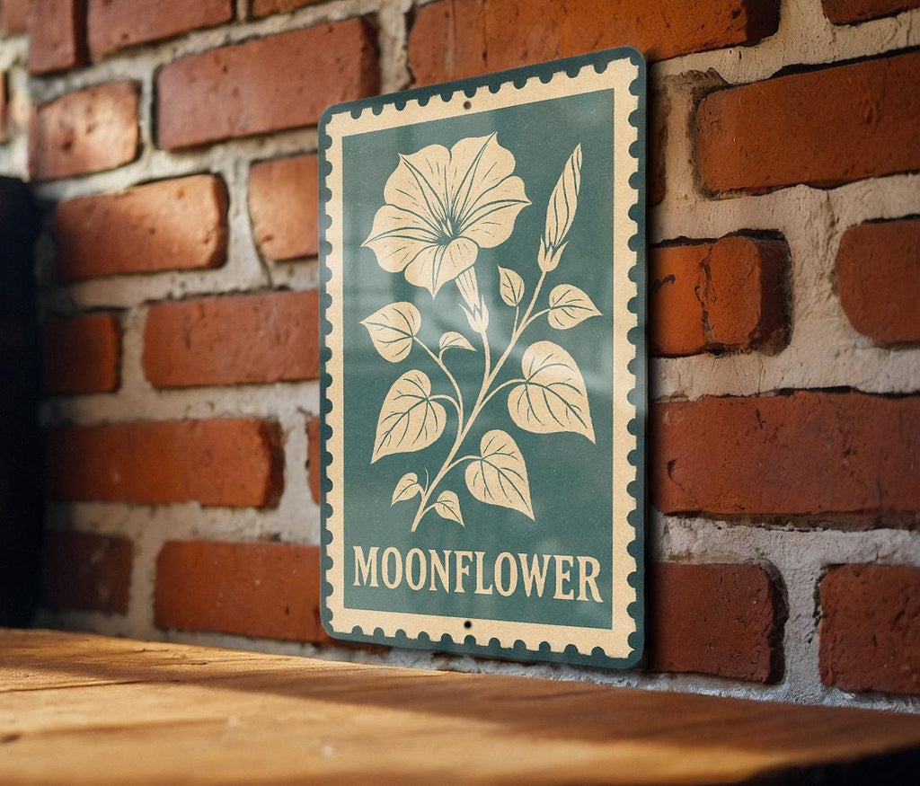 Moonflower Vine Metal Sign – Vintage Stamp Style Wall Art, Botanical Garden Decor, Outdoor Rustic Flower Plaque — photo 4