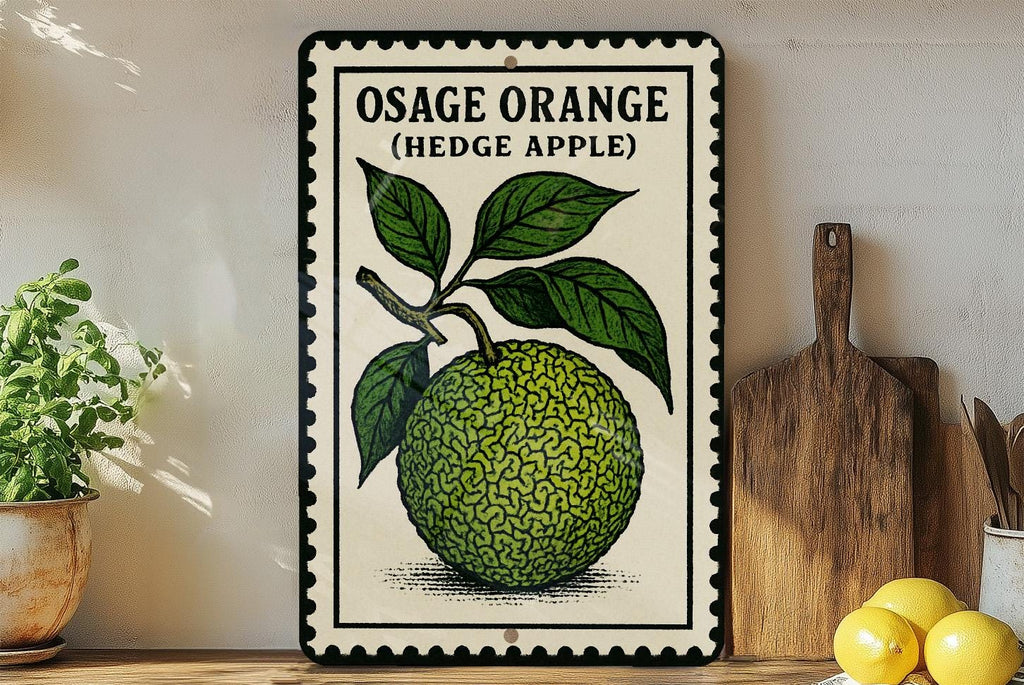 Osage Orange Hedge Apple Metal Sign – Vintage Stamp Style Wall Art, Rustic Farmhouse Decor, Botanical Tin Plaque — photo 1