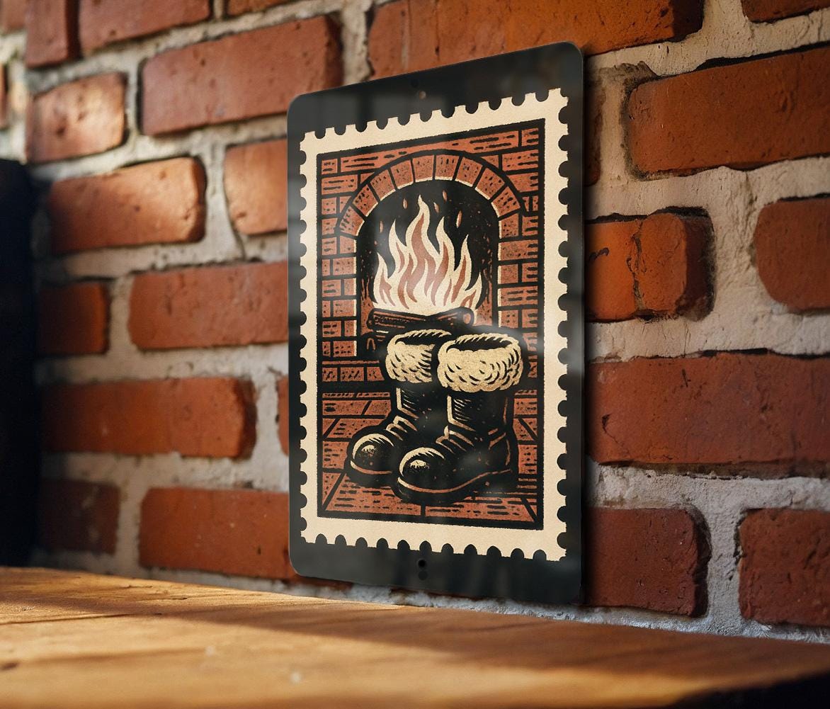 Santa Boots by Fireplace Metal Sign – Vintage Christmas Decor, Rustic Holiday Wall Art, Stamp Style Winter Home Accent — photo 1
