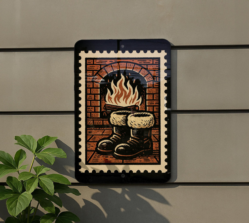 Santa Boots by Fireplace Metal Sign – Vintage Christmas Decor, Rustic Holiday Wall Art, Stamp Style Winter Home Accent — photo 5