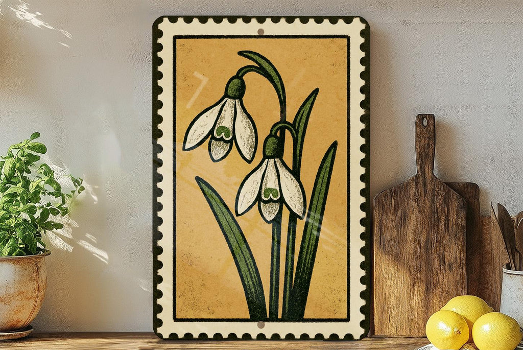 Snowdrop Pair Metal Sign – Vintage Botanical Stamp Style Wall Art, Rustic Floral Home Decor, Garden Lover Gift — photo 4