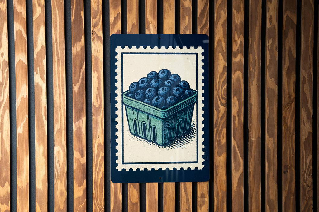 Blueberry Berry Basket Metal Sign – Vintage Farmhouse Kitchen Wall Art, Rustic Stamp Style Fruit Decor for Pantry or Garden — photo 1
