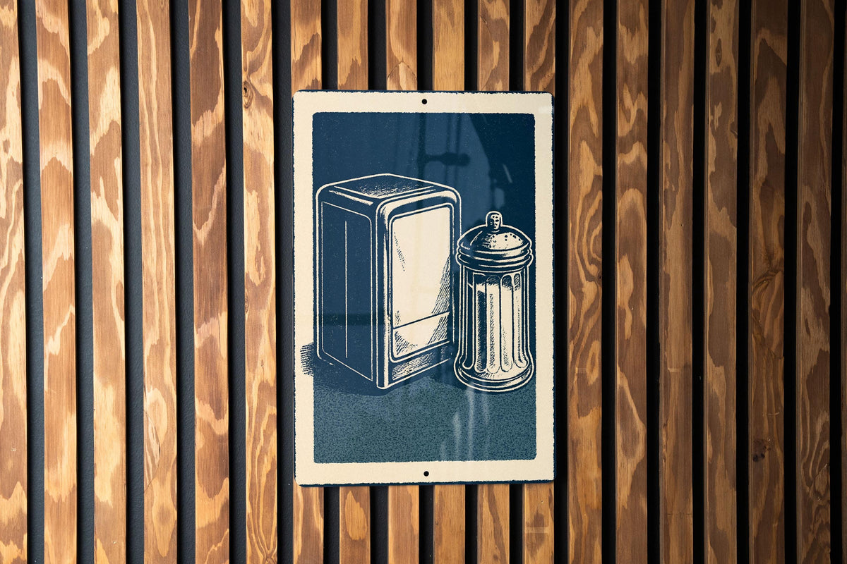 Retro Diner Chrome Napkin Dispenser & Sugar Shaker Stamp Art Metal Sign – Vintage Kitchen Wall Decor Gift — photo 1