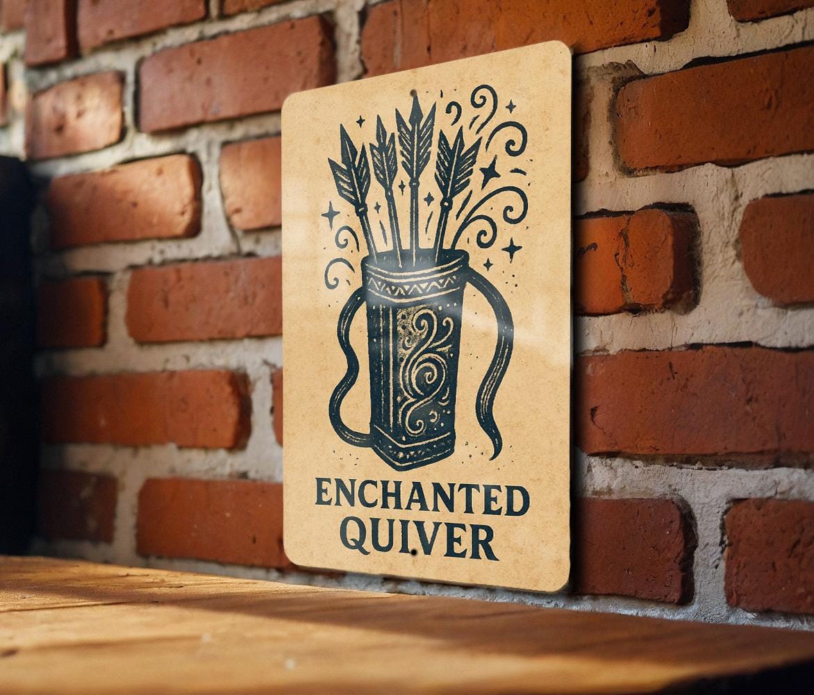 Enchanted Quiver & Arrows Metal Sign – Rustic Stamp Style Wall Art for Archery Lovers, Fantasy Decor, Outdoor Cabin Sign — photo 2