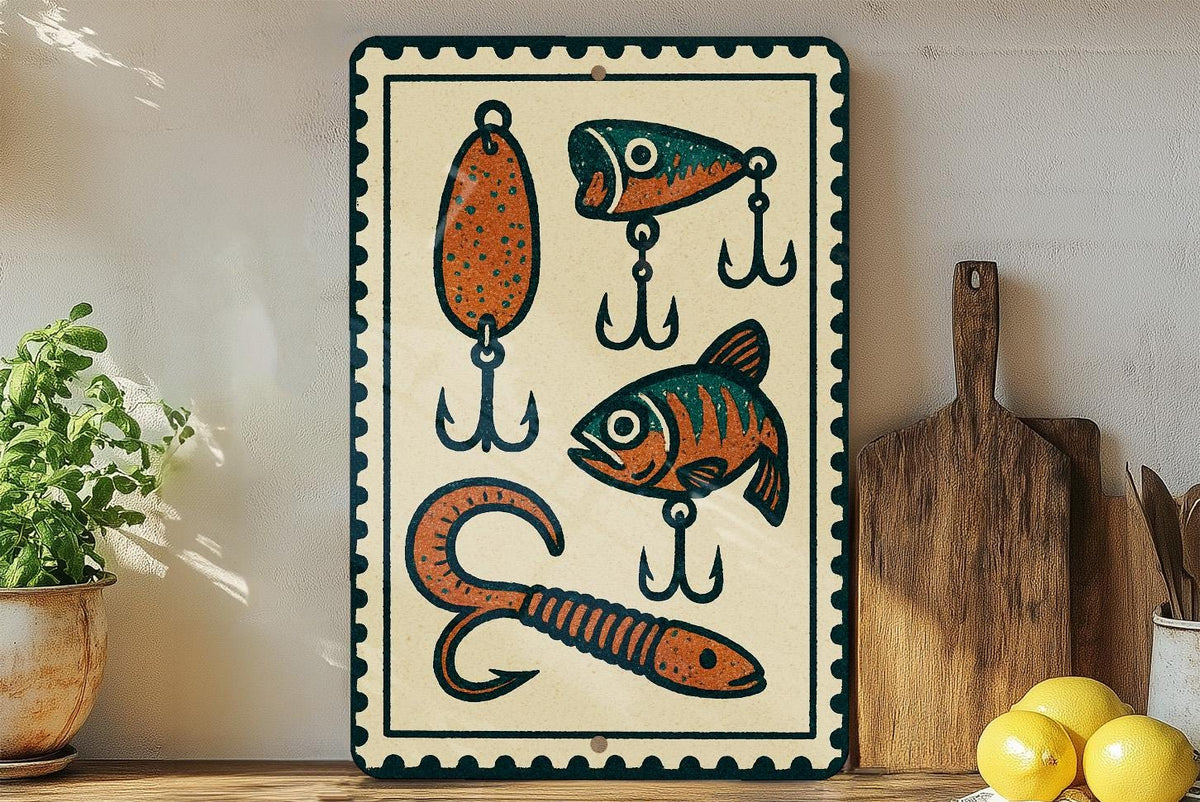 Vintage Fishing Lure Metal Sign – Rustic Stamp Style Wall Art for Cabin, Man Cave, Lake House, Fisherman Gift Decor — photo 3