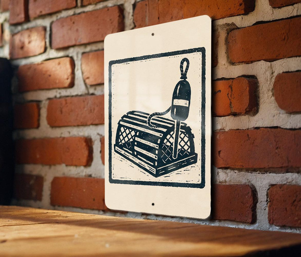Lobster Trap & Buoy Metal Sign – Nautical Coastal Wall Art, Rustic Beach House Decor, Stamp Style Fishing Sign — photo 1