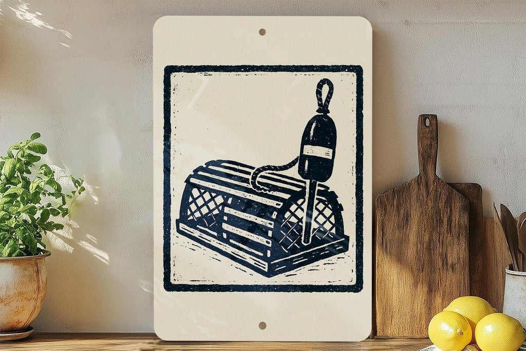 Lobster Trap & Buoy Metal Sign – Nautical Coastal Wall Art, Rustic Beach House Decor, Stamp Style Fishing Sign — photo 3