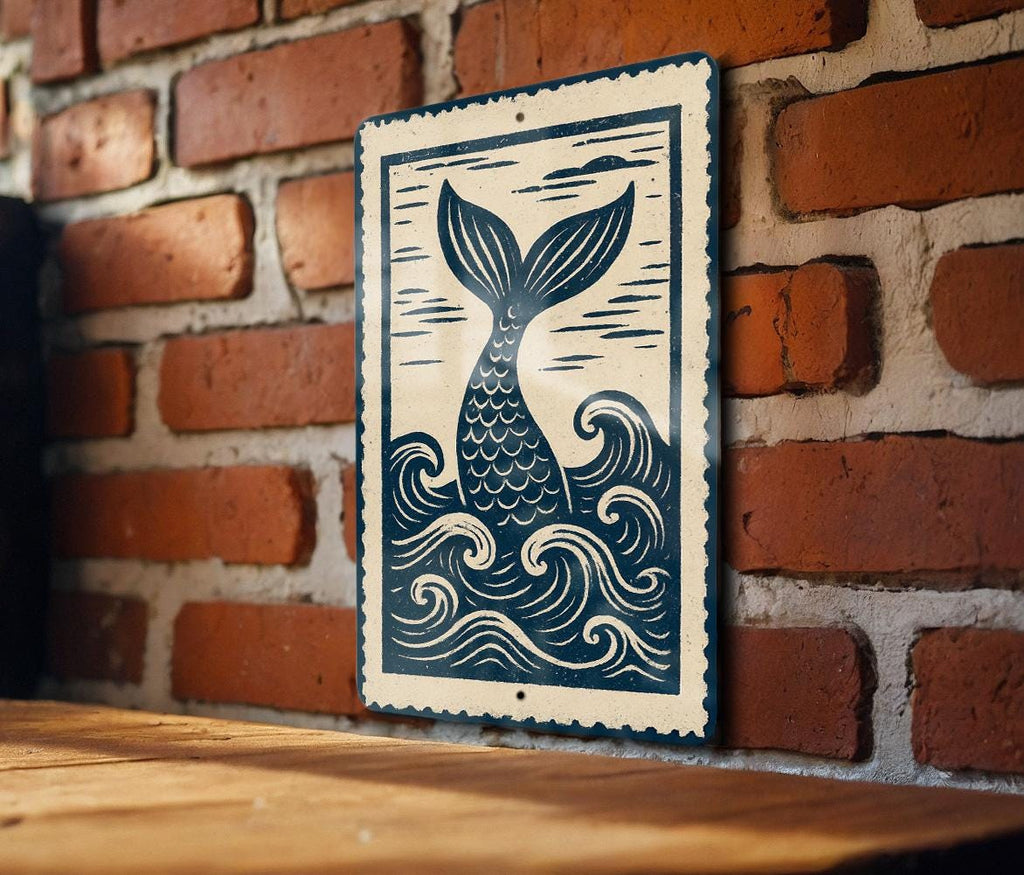 Mermaid Tail Metal Sign – Nautical Ocean Waves Wall Art, Coastal Beach House Decor, Rustic Sea Life Stamp Style Design — photo 2