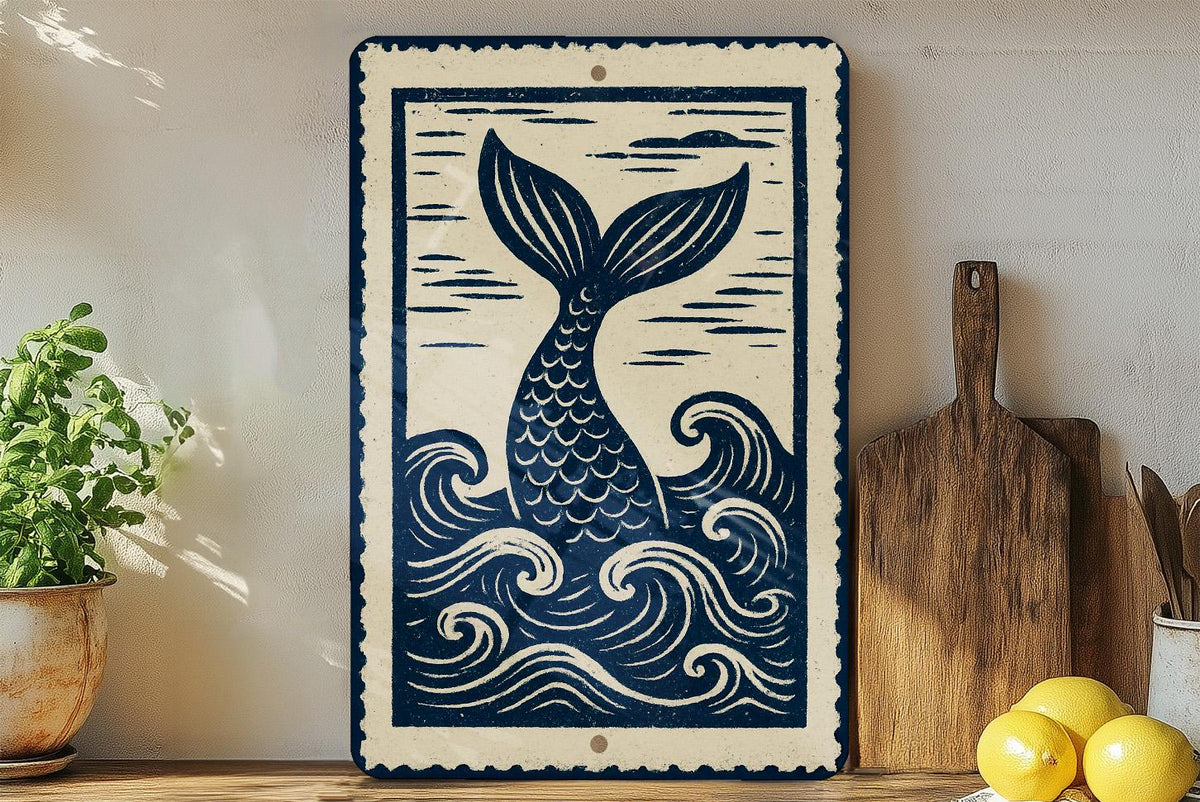 Mermaid Tail Metal Sign – Nautical Ocean Waves Wall Art, Coastal Beach House Decor, Rustic Sea Life Stamp Style Design — photo 3