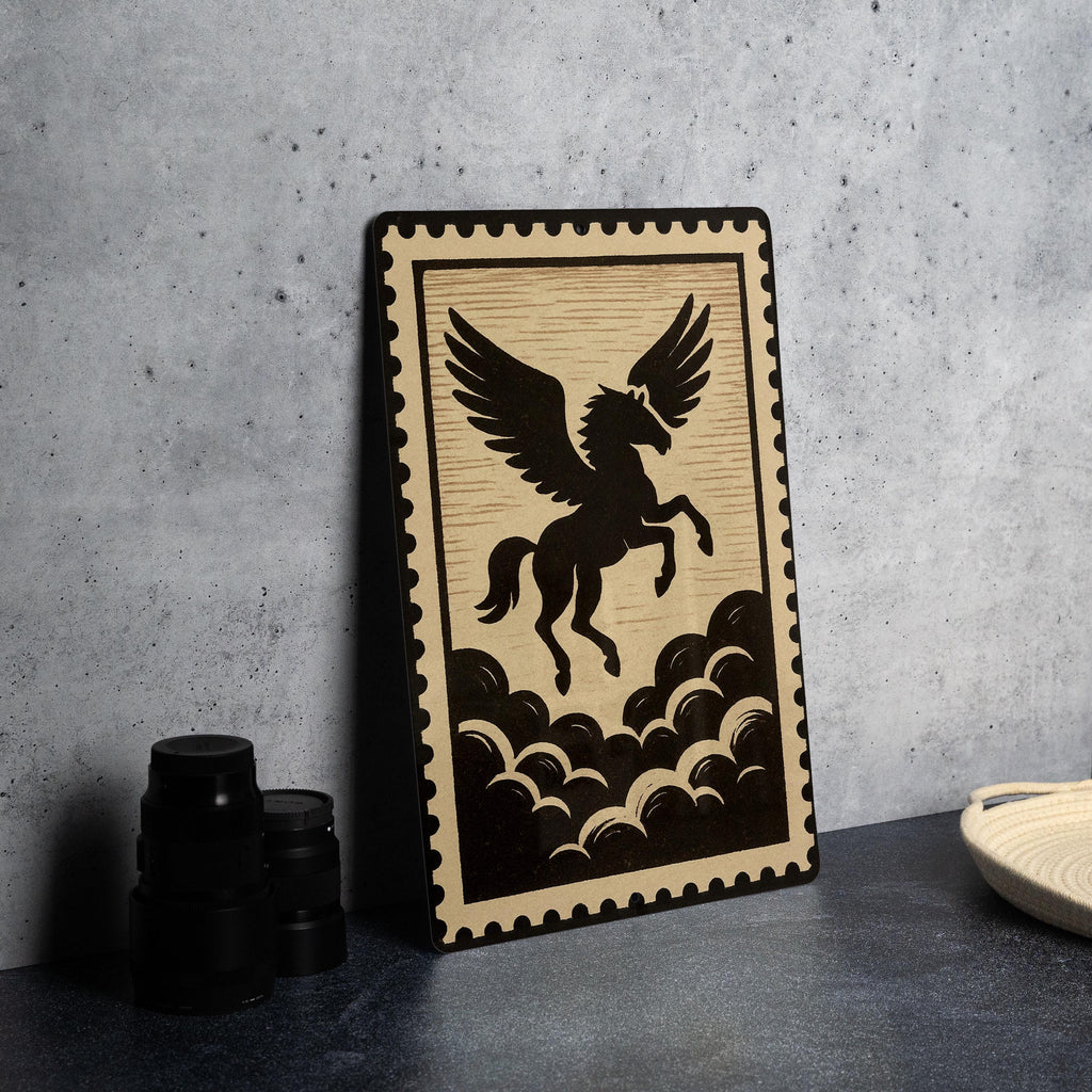Pegasus Silhouette Metal Sign – Mythical Winged Horse Above Clouds Wall Art, Rustic Stamp Style Home Decor — photo 1