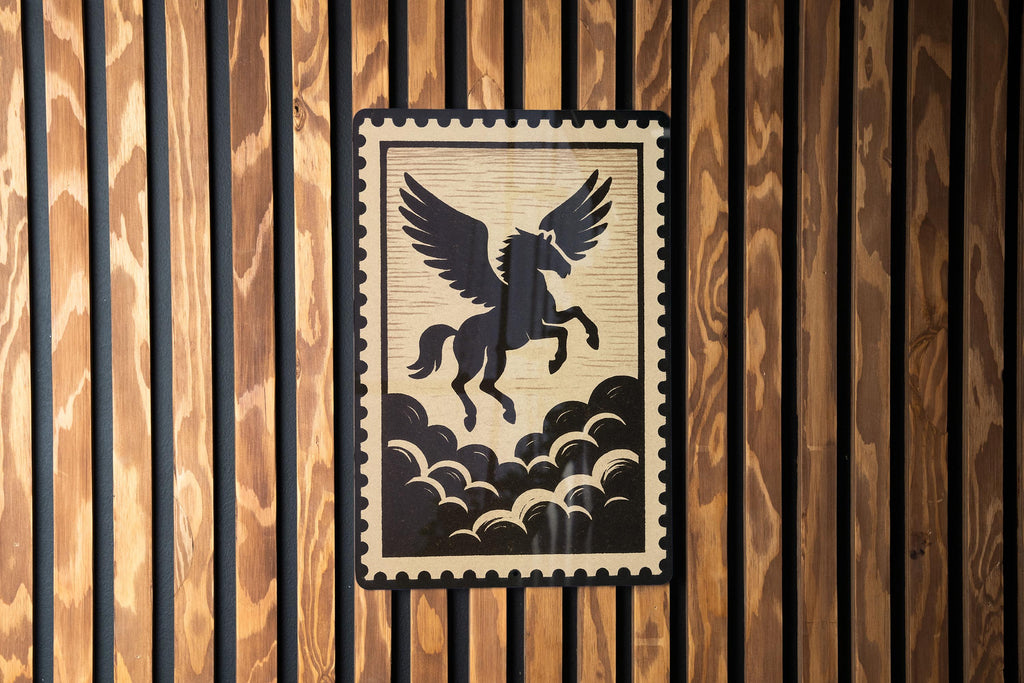 Pegasus Silhouette Metal Sign – Mythical Winged Horse Above Clouds Wall Art, Rustic Stamp Style Home Decor — photo 2