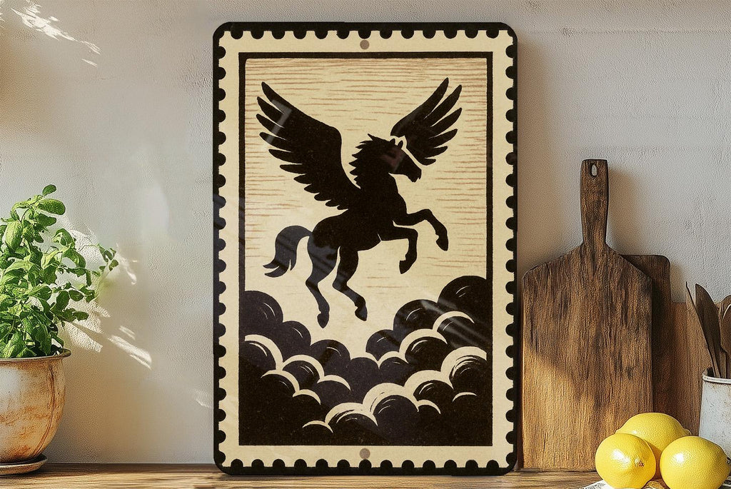 Pegasus Silhouette Metal Sign – Mythical Winged Horse Above Clouds Wall Art, Rustic Stamp Style Home Decor — photo 3