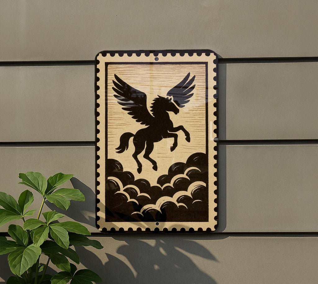 Pegasus Silhouette Metal Sign – Mythical Winged Horse Above Clouds Wall Art, Rustic Stamp Style Home Decor — photo 5