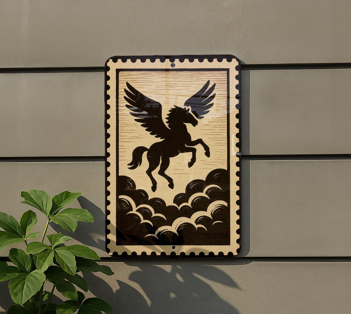 Pegasus Silhouette Metal Sign – Mythical Winged Horse Above Clouds Wall Art, Rustic Stamp Style Home Decor — photo 5