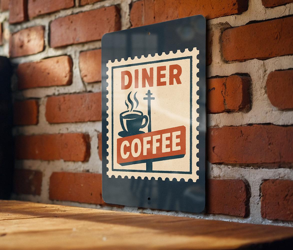 Retro Roadside Diner Coffee Metal Sign – Vintage Stamp Style Wall Art for Kitchen, Cafe, Bar, or Man Cave Decor — photo 1
