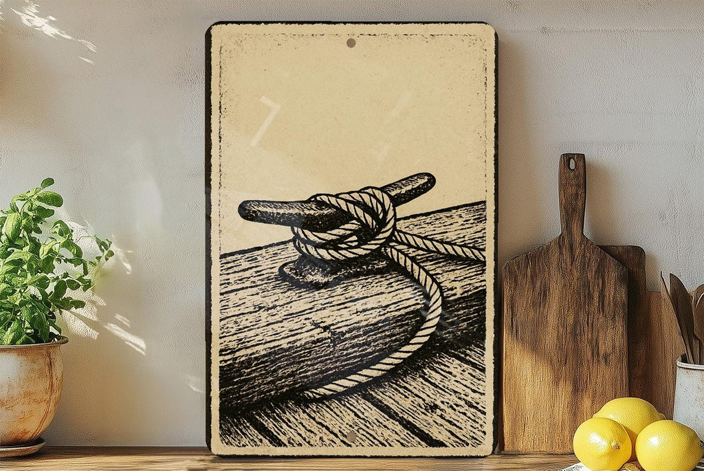 Nautical Rope Cleat Stamp Art on Weathered Dock Metal Sign – Coastal Marine Wall Decor for Beach House or Boat Lovers — photo 1