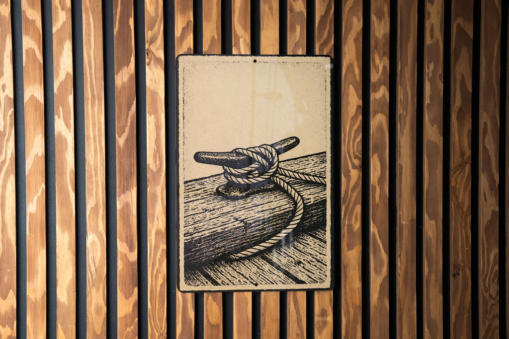 Nautical Rope Cleat Stamp Art on Weathered Dock Metal Sign – Coastal Marine Wall Decor for Beach House or Boat Lovers — photo 2