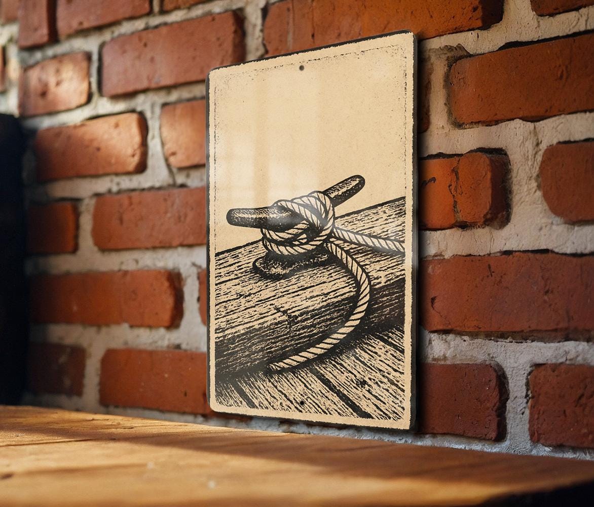 Nautical Rope Cleat Stamp Art on Weathered Dock Metal Sign – Coastal Marine Wall Decor for Beach House or Boat Lovers — photo 3