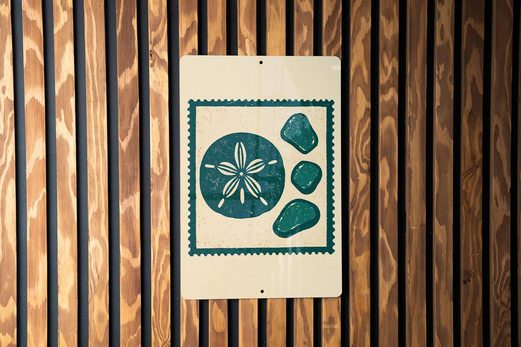 Coastal Sand Dollar & Sea Glass Metal Sign – Beach House Wall Art, Nautical Stamp Style Decor for Ocean Lovers — photo 4