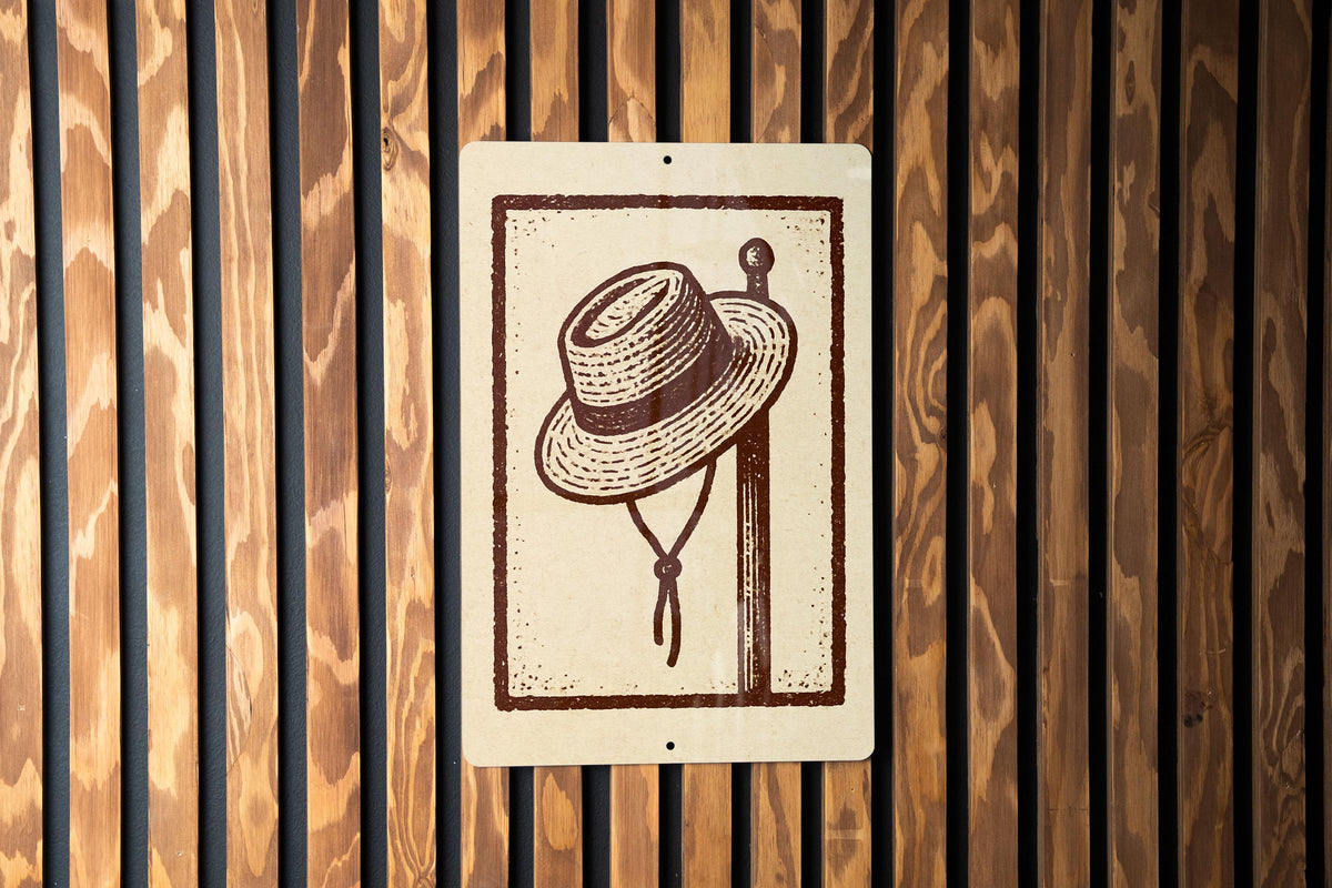 Straw Hat Stamp Art Metal Sign – Rustic Farmhouse Wall Decor, Vintage Country Style Peg Hat Display, Barn Art Sign — photo 2