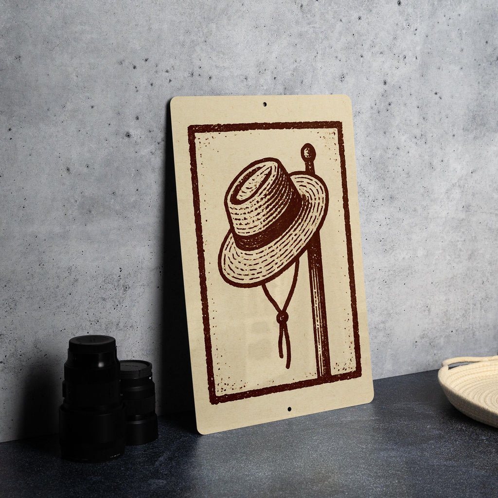 Straw Hat Stamp Art Metal Sign – Rustic Farmhouse Wall Decor, Vintage Country Style Peg Hat Display, Barn Art Sign — photo 4