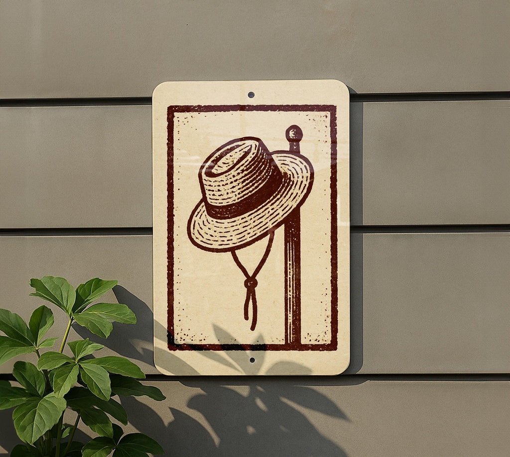 Straw Hat Stamp Art Metal Sign – Rustic Farmhouse Wall Decor, Vintage Country Style Peg Hat Display, Barn Art Sign — photo 5