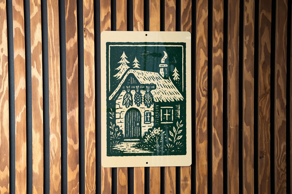 Witch's Cottage Metal Sign – Rustic Herb Bundle Art, Vintage Stamp Style Wall Decor for Witches, Mystical Garden Sign — photo 1