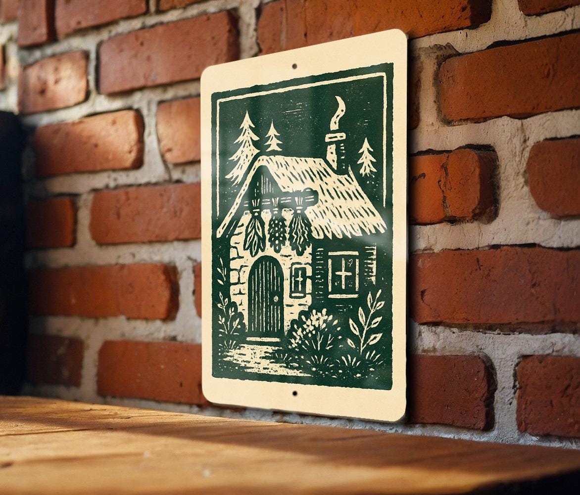 Witch's Cottage Metal Sign – Rustic Herb Bundle Art, Vintage Stamp Style Wall Decor for Witches, Mystical Garden Sign — photo 3
