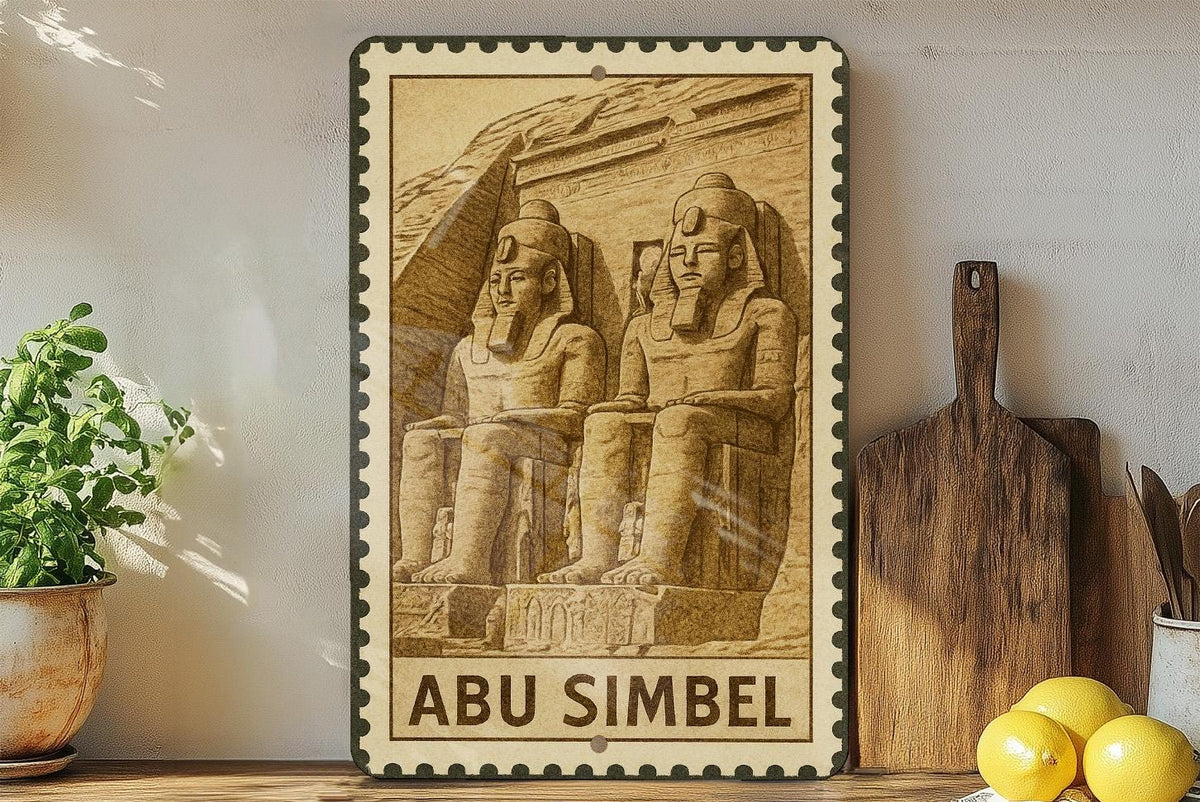 Abu Simbel Colossi Metal Sign – Ancient Egyptian Wall Art, Pharaoh Statue Decor, Vintage Stamp Style Plaque — photo 1