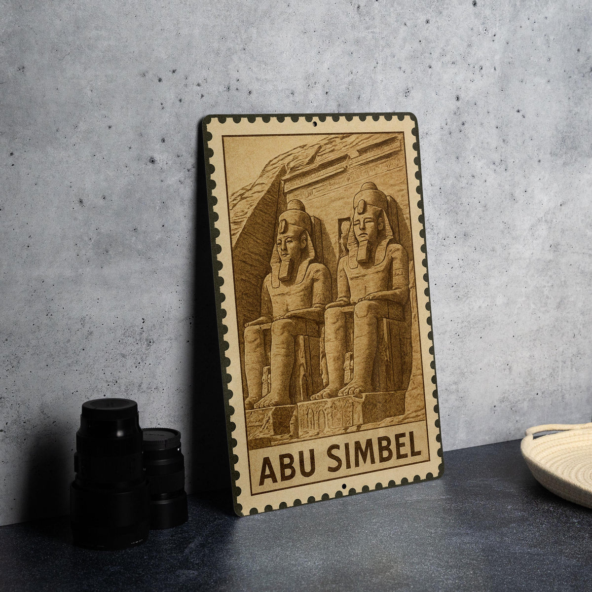 Abu Simbel Colossi Metal Sign – Ancient Egyptian Wall Art, Pharaoh Statue Decor, Vintage Stamp Style Plaque — photo 2