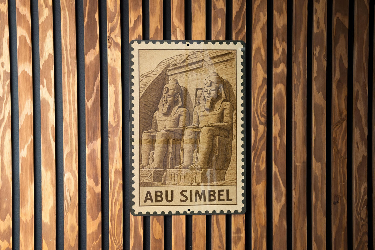 Abu Simbel Colossi Metal Sign – Ancient Egyptian Wall Art, Pharaoh Statue Decor, Vintage Stamp Style Plaque — photo 3